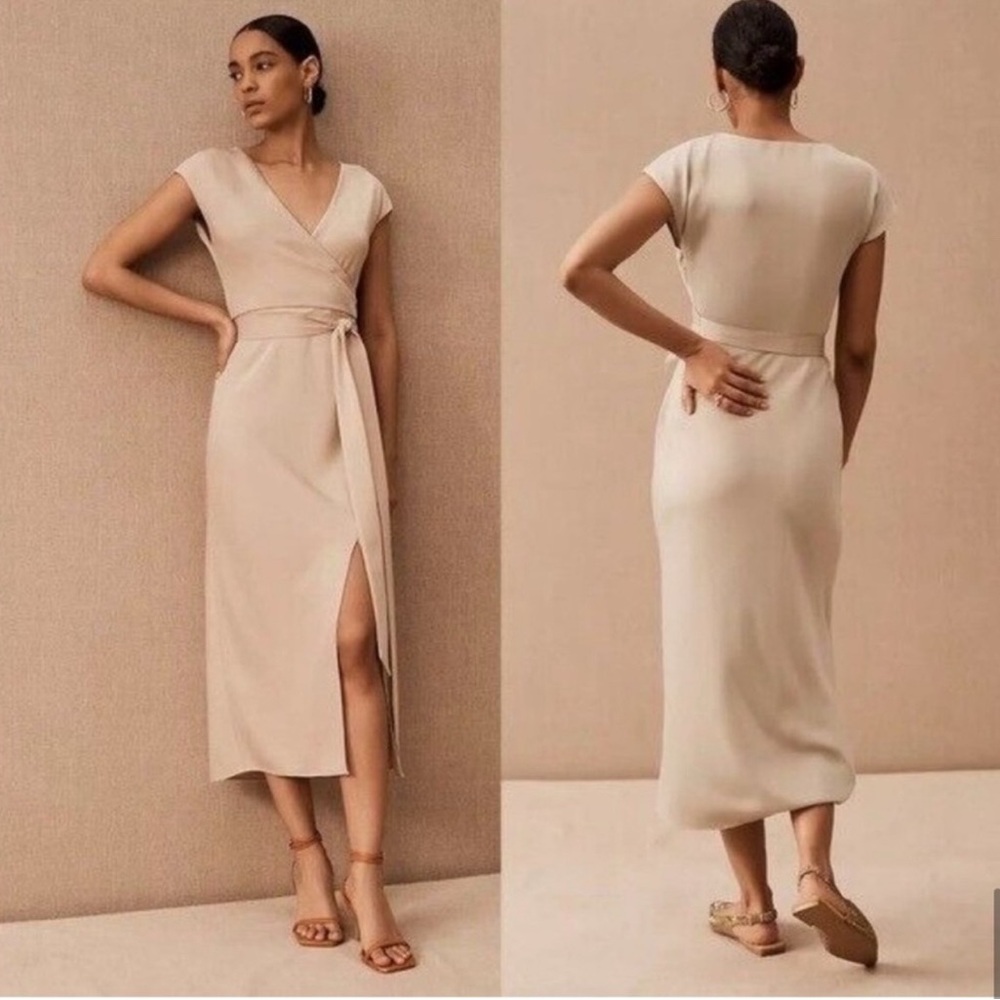 NWT BHLDN Louisa Satin Charmeuse Champagne Wrap Front Surplice Midi Dress 6 slit
